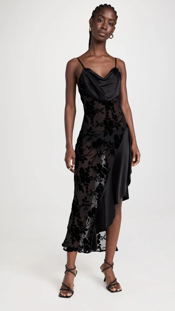 Rodarte Black Floral Burnout Velvet and Satin Asymmetrical Cowl Neck Bias Dress 1