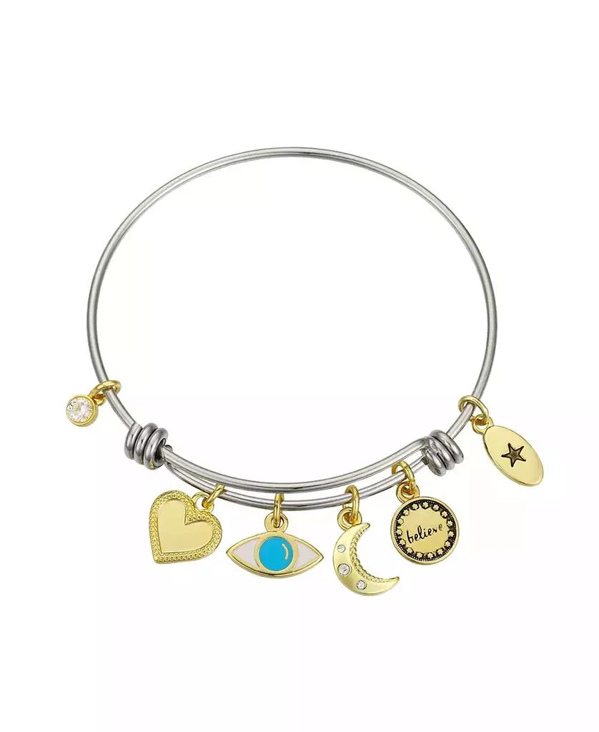 Unwritten Believe Evil Eye Adjustable Bangle Bracelet In Stainless Steel and Gold Flash Plated Charms 1