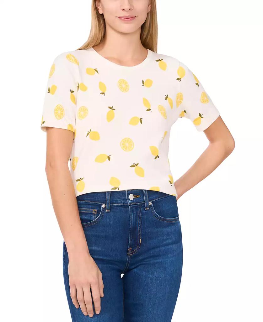 CeCe Women's Lemon-Print Short-Sleeve Cotton Crewneck Sweater