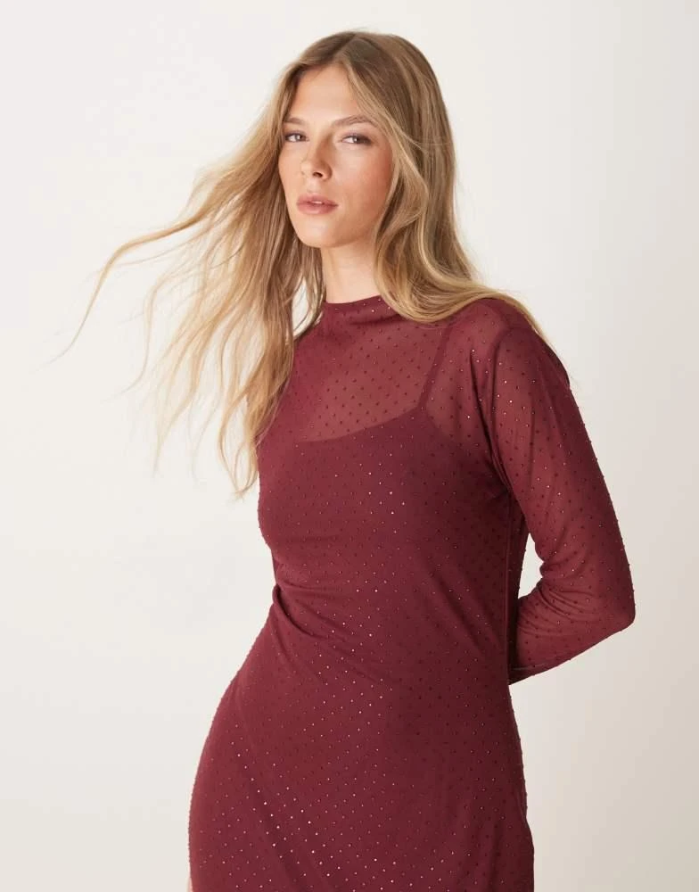 Abercrombie & Fitch Abercrombie & Fitch long sleeve rhinestone mesh midi dress in burgundy 4