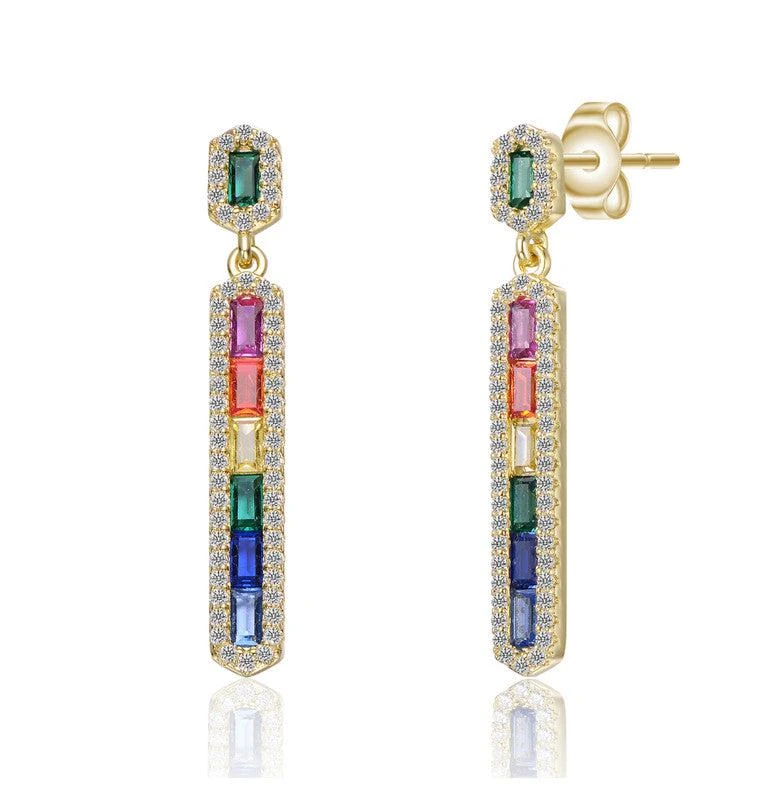Genevive Sterling Silver 14k Gold Plated Rainbow 
White Cubic Zirconia Linear Dangle Earrings