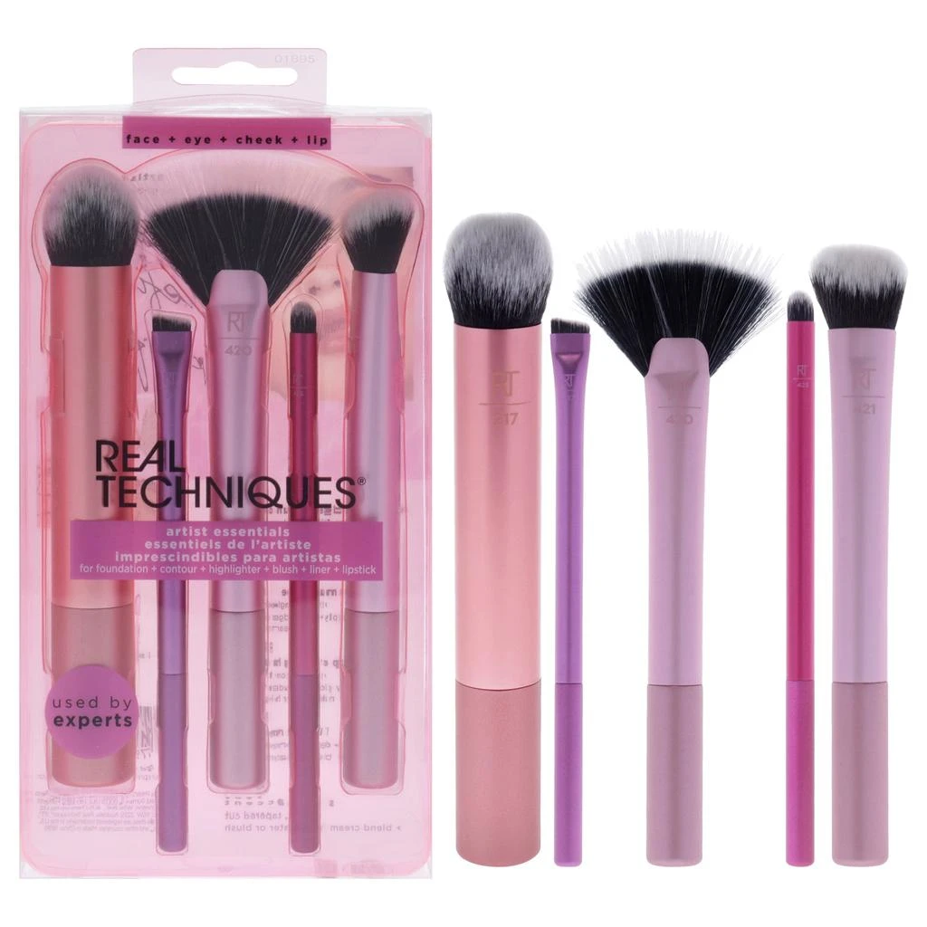 Real Techniques Artist Essentials Set by  for Women - 5 Pc Expert Edge Foundation Brush - 217, Smudge Liner Brush - 317, Spotlight Fan Brush - 420, Lip Smudge Brush - 425, Soft Accent Brush - 421 1