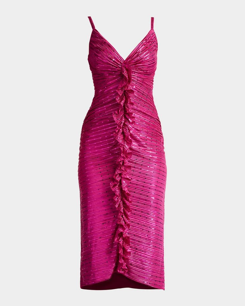SHO by Tadashi Shoji Ruched Ruffle Metallic Midi Dress 1
