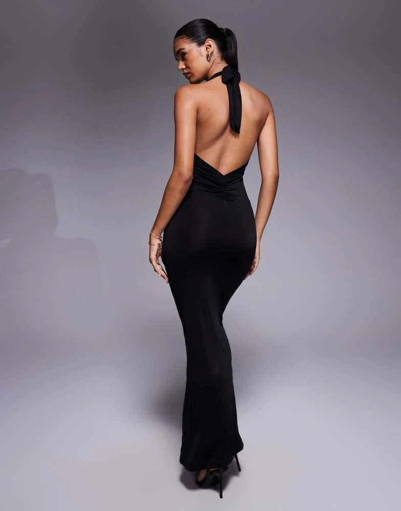 I.AM.GIA I.AM.GIA Ziva halterneck plunge low back tie waist maxi dress in black 2