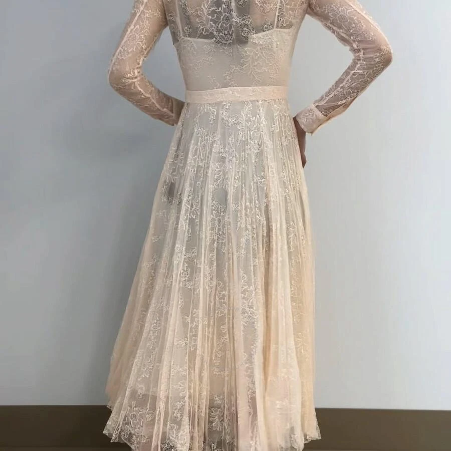 Burberry Ladies Pleated Lace Dress In Powder Pink 1
