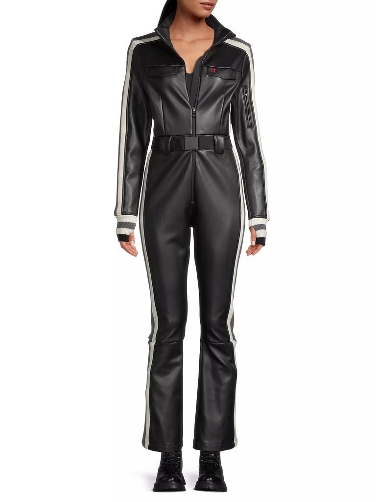 Perfect Moment Crystal Belted Stripe Faux Leather Ski Suit