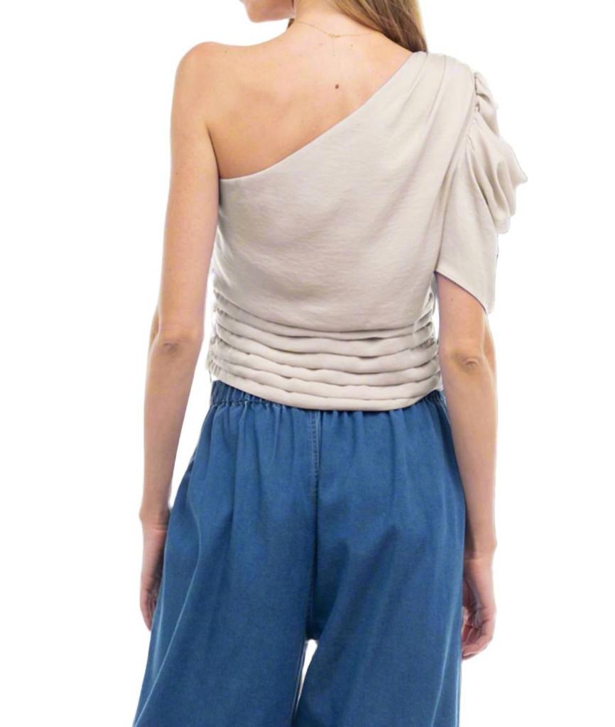 Naked Zebra Sheri Shirred One Shoulder Top In Beige
