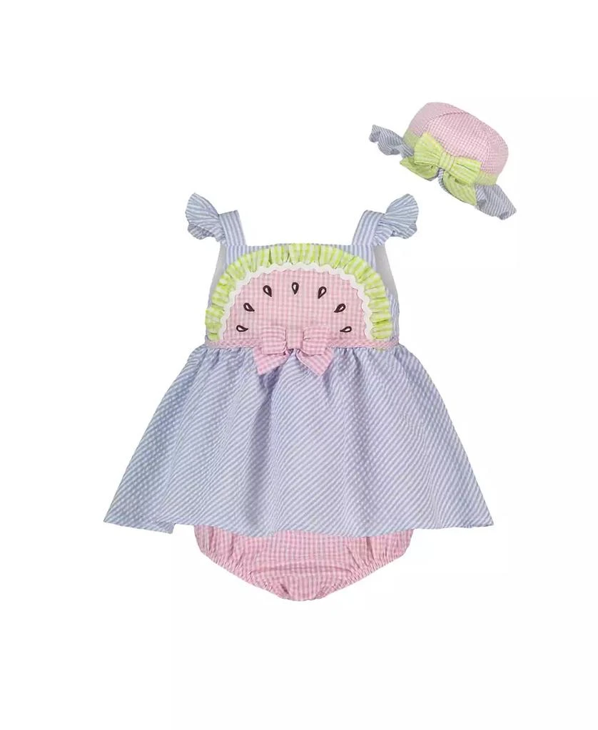 Blueberi Boulevard Baby Girls Multi Seersucker Watermelon Sunsuit and Hat Set 1