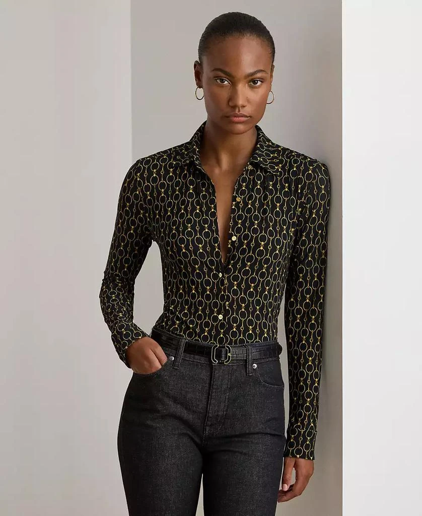 Ralph Lauren Women's Slim Fit Chain-Print Jersey Shirt - Size XL in Black Multi