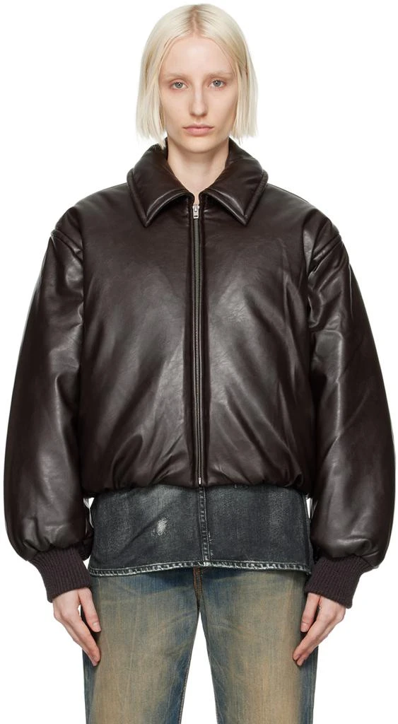 Shop Brown Coated Faux-Leather Bomber Jacket on Sale at