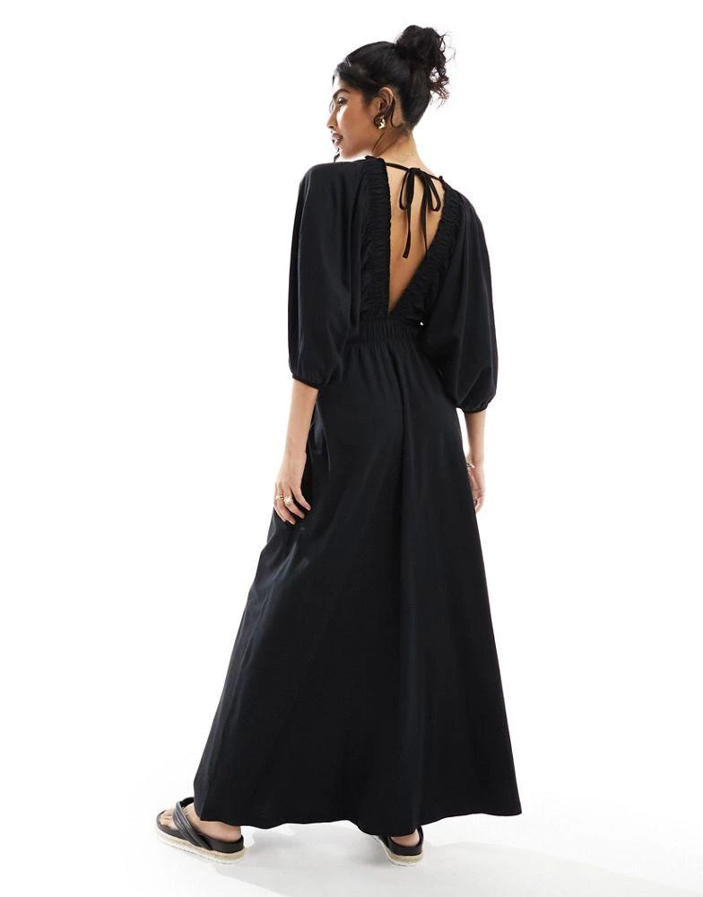 ASOS ASOS DESIGN plunge elastic tea midi dress with ruched waist in black 2
