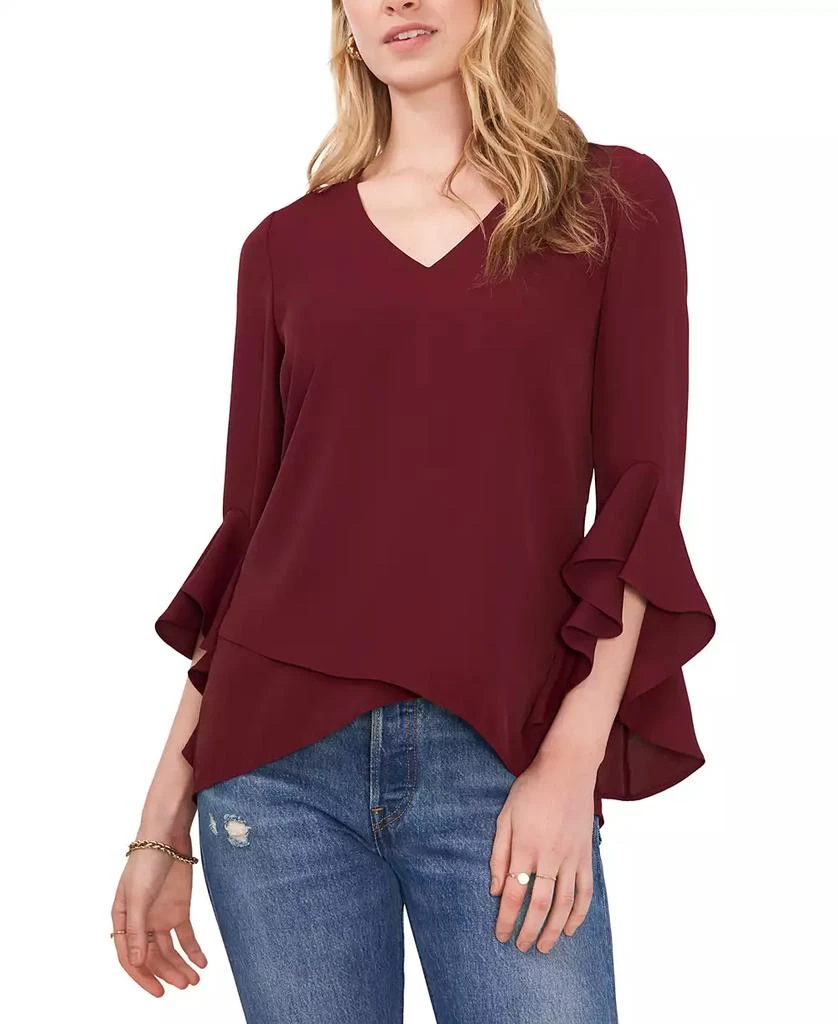 Vince Camuto Women's Printed V-Neck 3/4-Flutter Sleeve Blouse 1