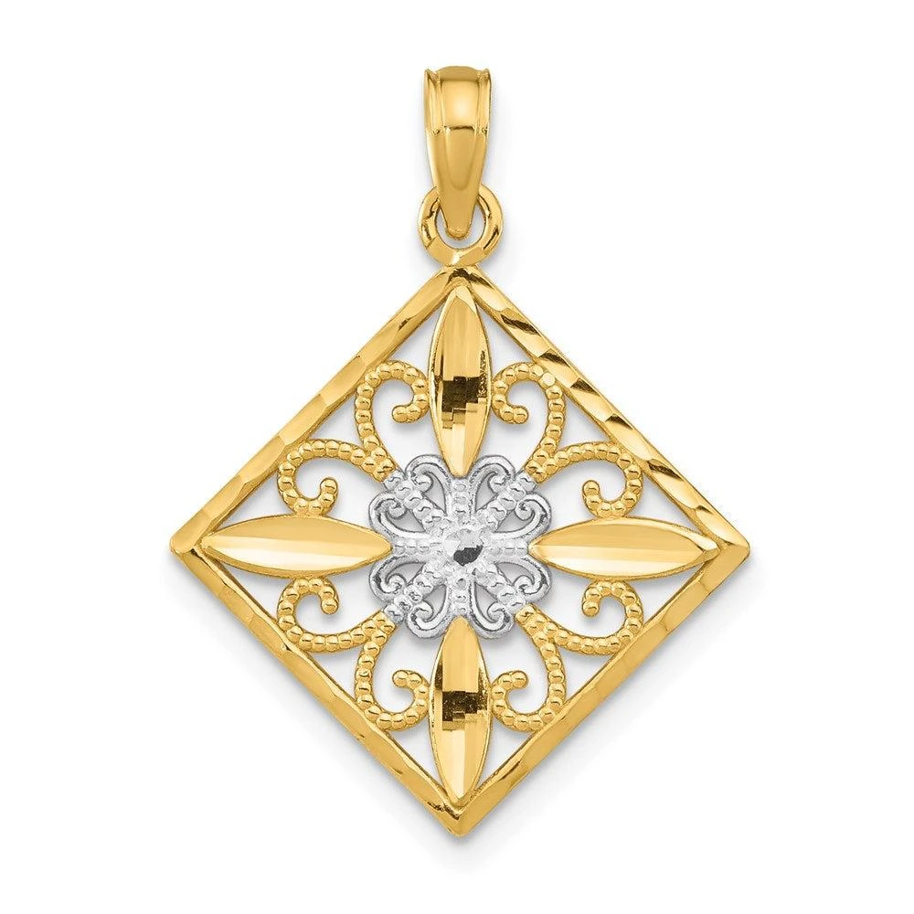 Diamond2Deal 14k Yellow Gold and White Rhodium Flower and Cross Square Charm Pendant