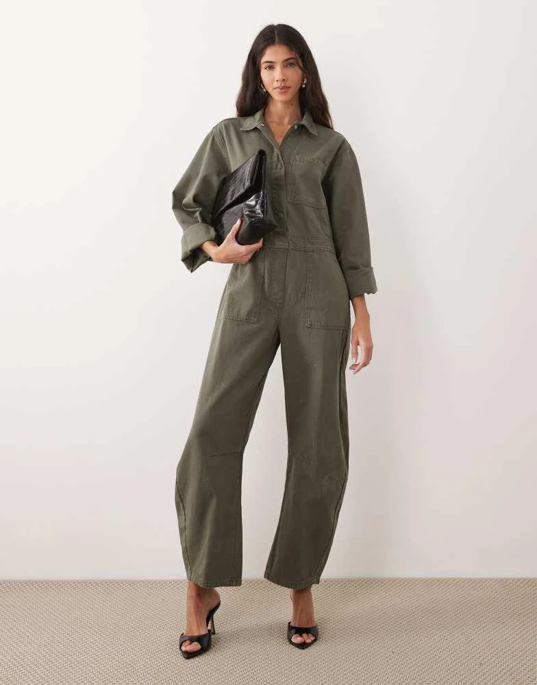ASOS ASOS DESIGN denim barrel leg boiler suit in khaki