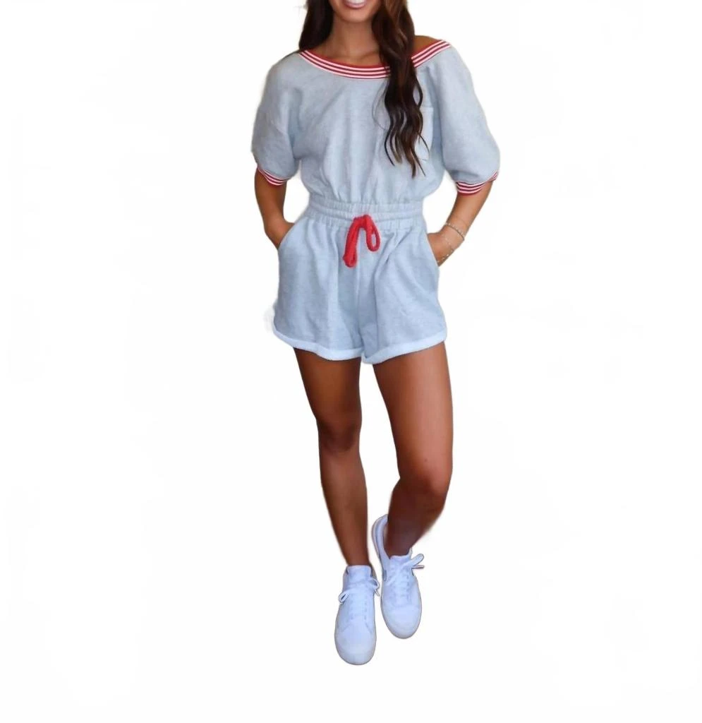 BUCKETLIST Ribbed Band Trim Terry Romper In White/ Pink 3