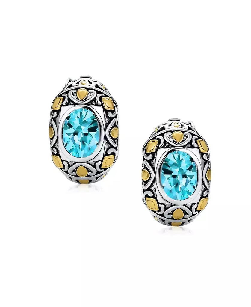 Bling Jewelry Two-Tone Bali Style Oval Clip-On Earrings with Simulated Aquamarine CZ 2