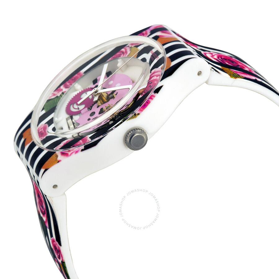 Swatch Rose Explosion Rose Patterned See Through Dial Rose Patterned Silicone  Unisex Watch SUOW110