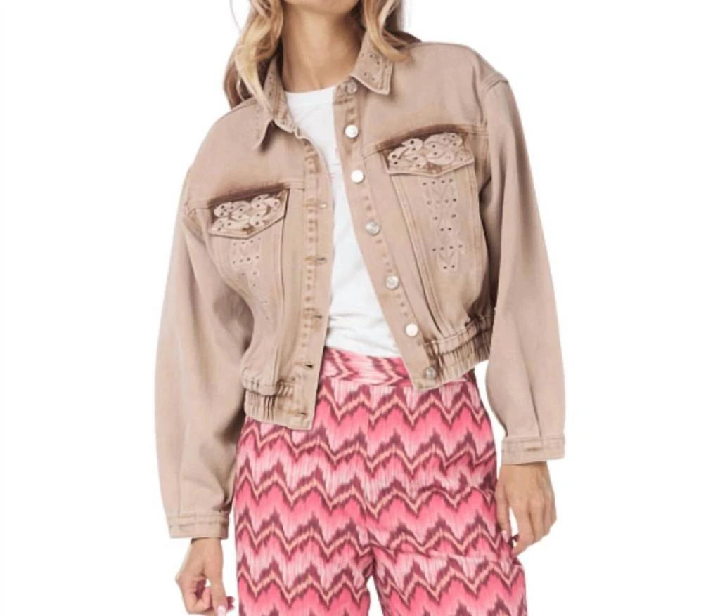ESQUALO Embellised Jean Jacket In Dark Sand 1