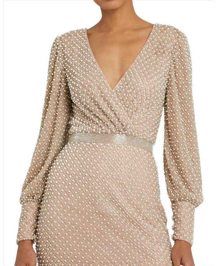 Mac Duggal Wrap Over Bishop Sleeve Pearl Beaded Gown 2