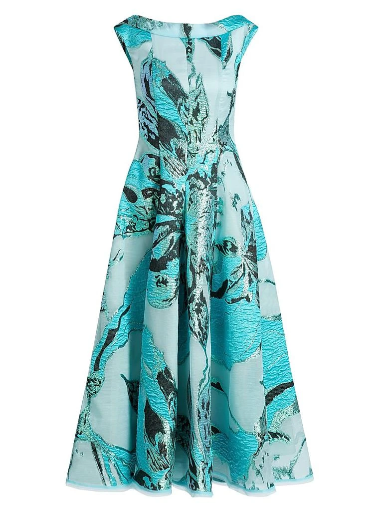 talbot runhof azalea floral jacquard midi cocktail dress TALBOTS Black Gold Metallic Floral Jacquard Fit & Flare Belted Midi Dress 8P = M