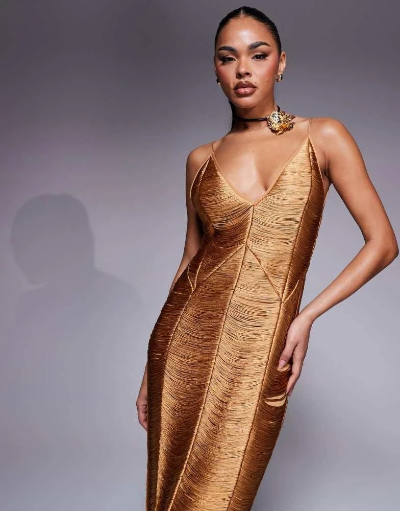 ASOS ASOS DESIGN panelled cami fringe maxi dress in gold 2