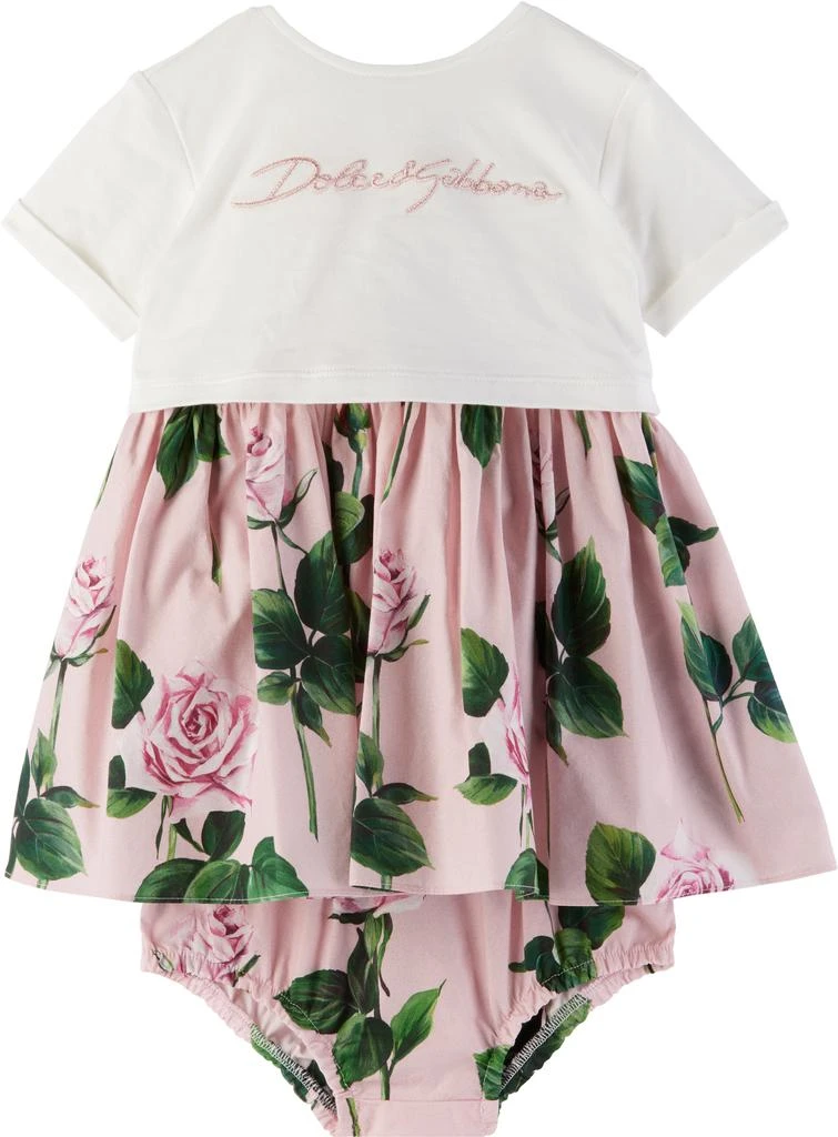 Dolce & Gabbana Baby Pink Rose-Print Poplin Jersey Dress & Bloomers Set 1