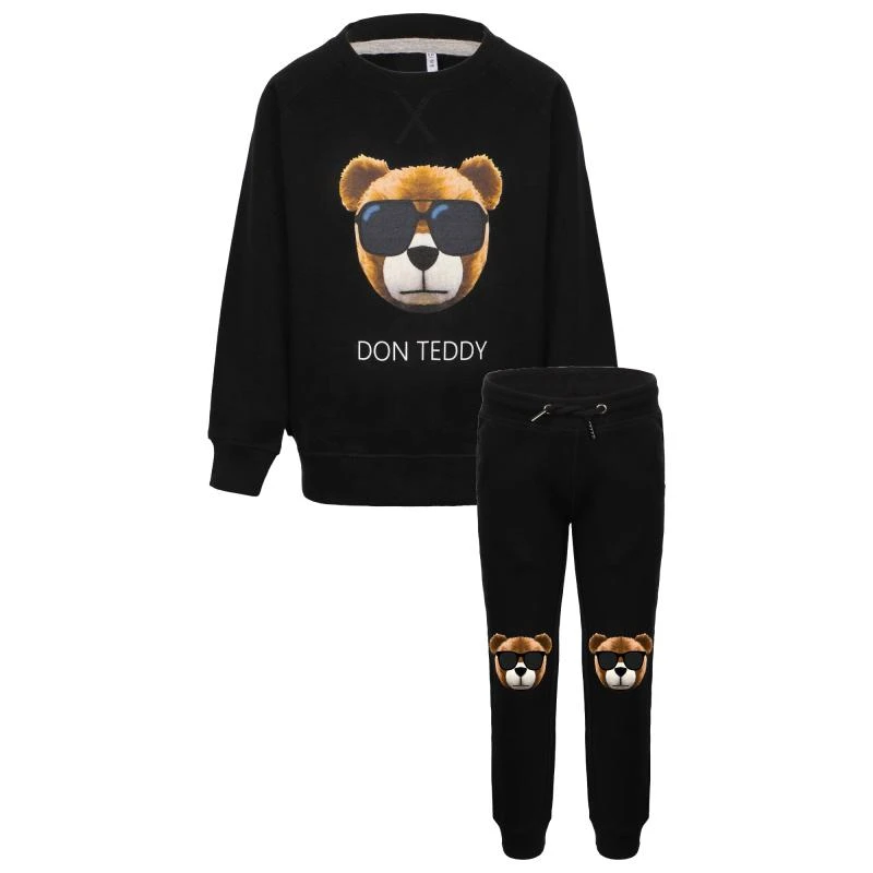 DON TEDDY Teddy bear logo black sweatshirt and sweatpants set 1