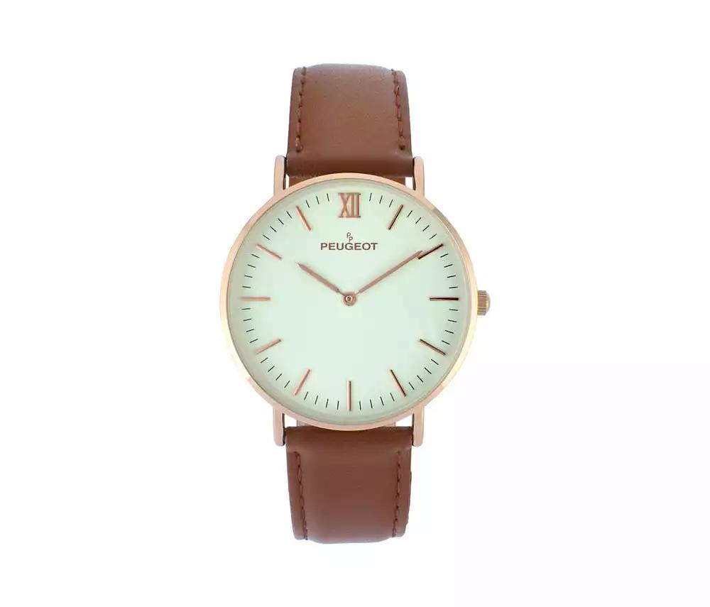 Peugeot Men's 40mm Rose-Gold Super Slim Case Leather Strap Watch