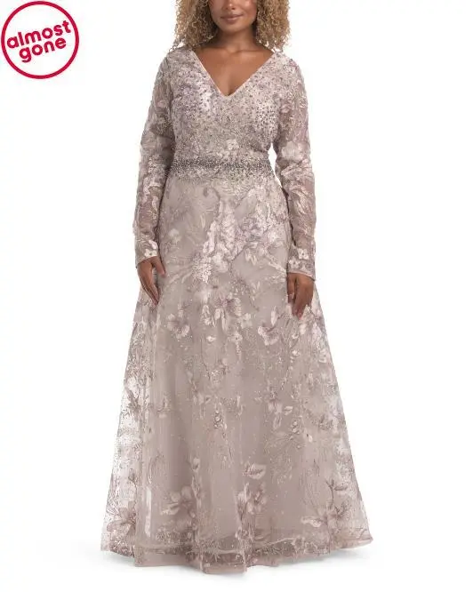 Mac Duggal Long Sleeve Floral Embroidered Gown