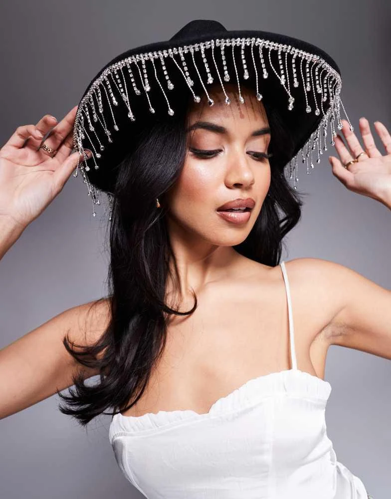 ASOS ASOS DESIGN cowboy hat with diamante fringe in black 1