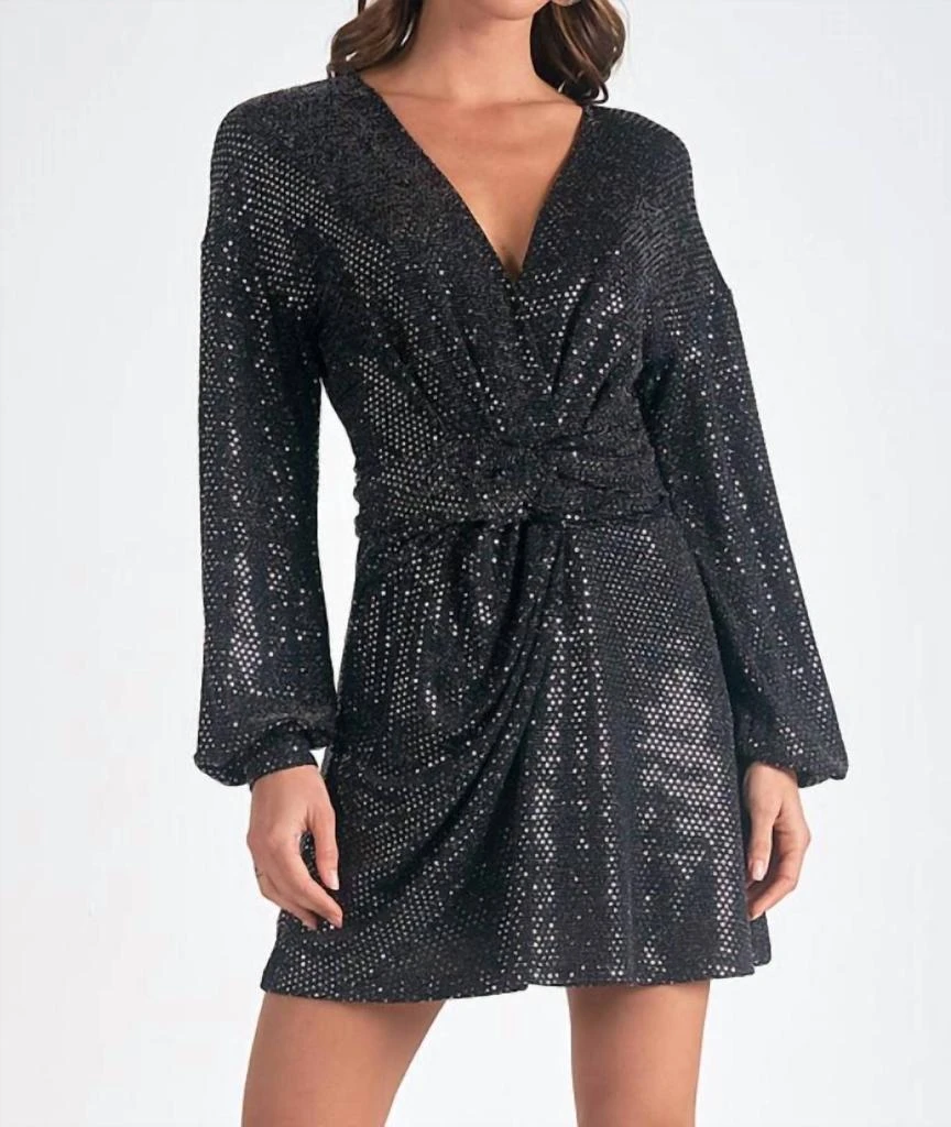 Elan V Neck Long Sleeve Dress In Black 1