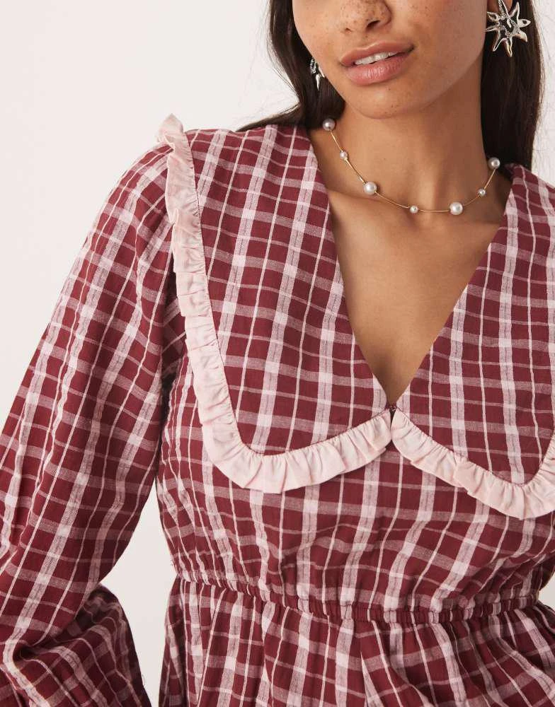 Neon Rose Neon Rose collar detail textured check midaxi dress in burgundy and pink 3