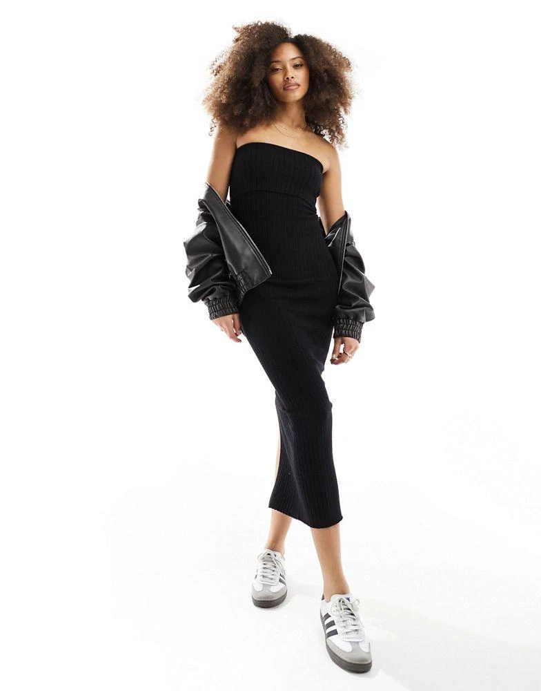 Bershka fold over bandeau fine knit maxi dress in black – On Sale