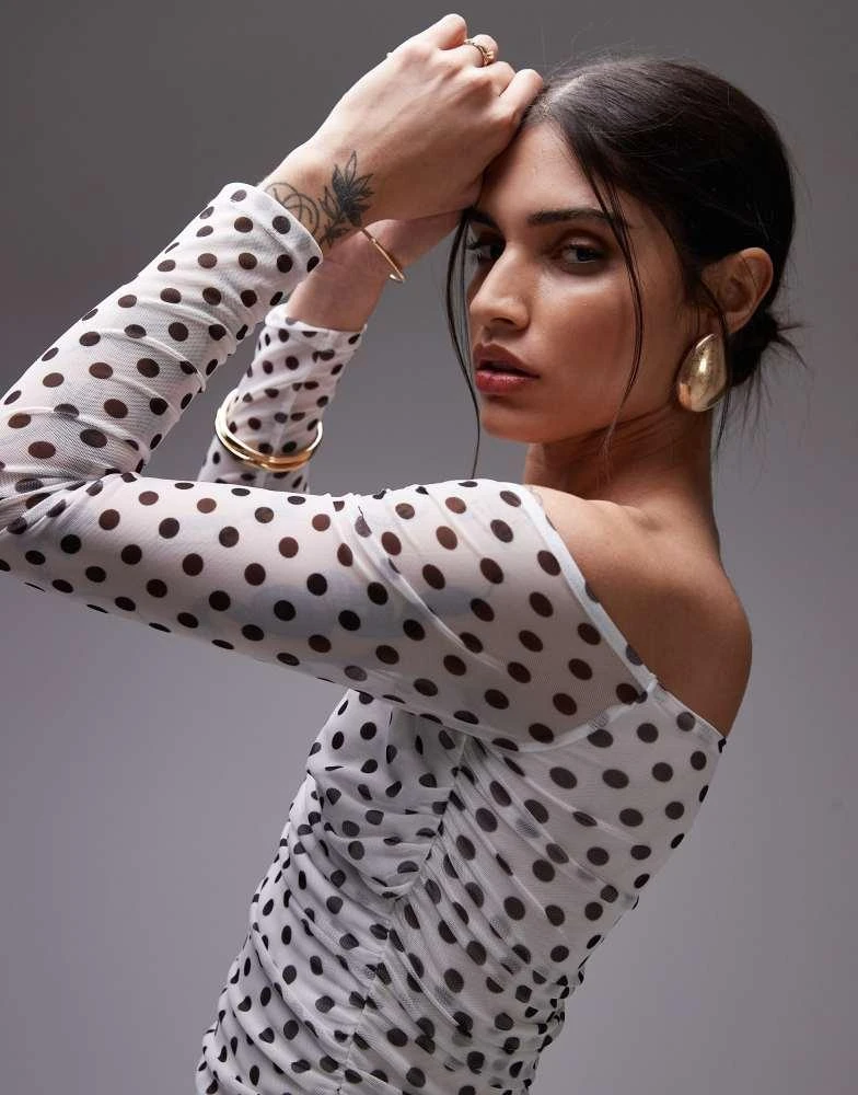 ASOS ASOS DESIGN mesh wrap bardot top in white polka dot 2