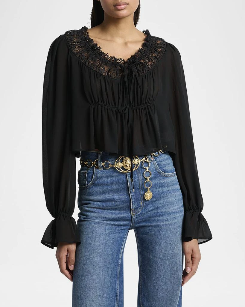 Chloé Ruched Lace Silk Peasant Blouse 4