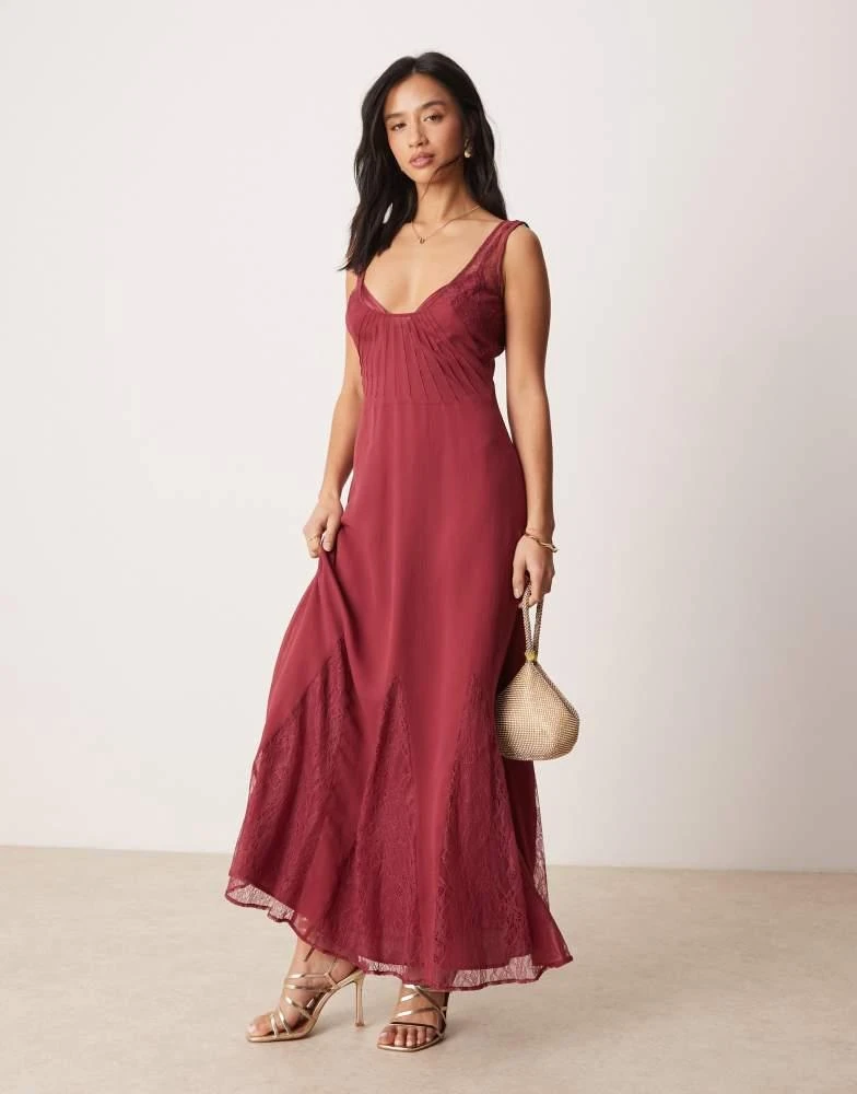 ASOS ASOS DESIGN Petite lace and chiffon maxi dress with godets in raspberry 1