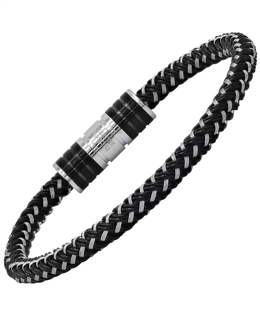 Hickey Freeman Carbon Fiber Two Tone Stainless Steel and Leather Cord Woven Braided Bracelet