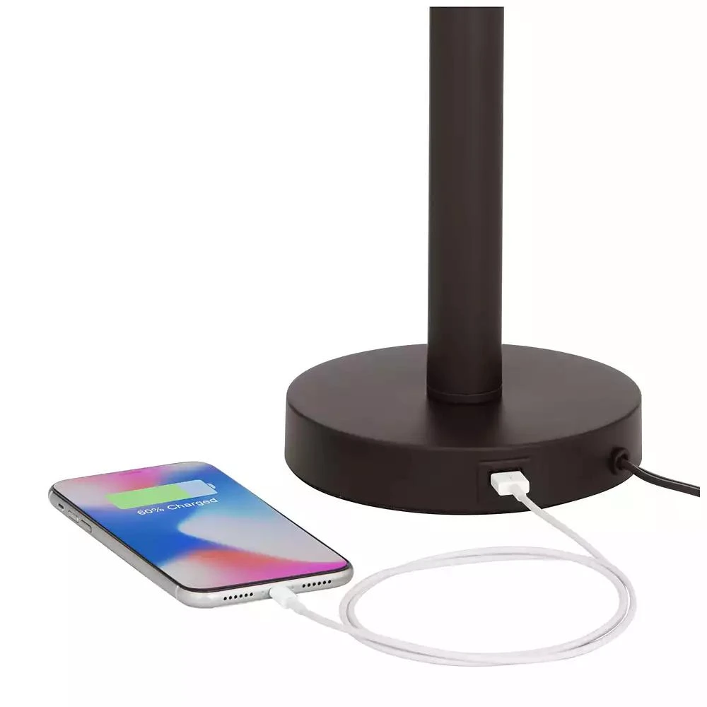 Franklin Iron Works Bernie Industrial Table Lamps 25" High Set of 2 Rich Bronze with USB Charging Port Tan Drum Shade for Bedroom Living Room Bedside 8