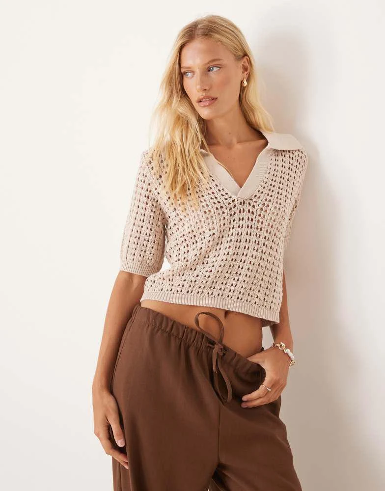 Brave Soul Brave Soul Pointelle knit collared t-shirt in stone 1