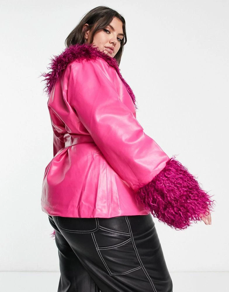Daisy Street Plus Daisy Street Plus pink y2k PU coat with faux fur cuffs and collar 4