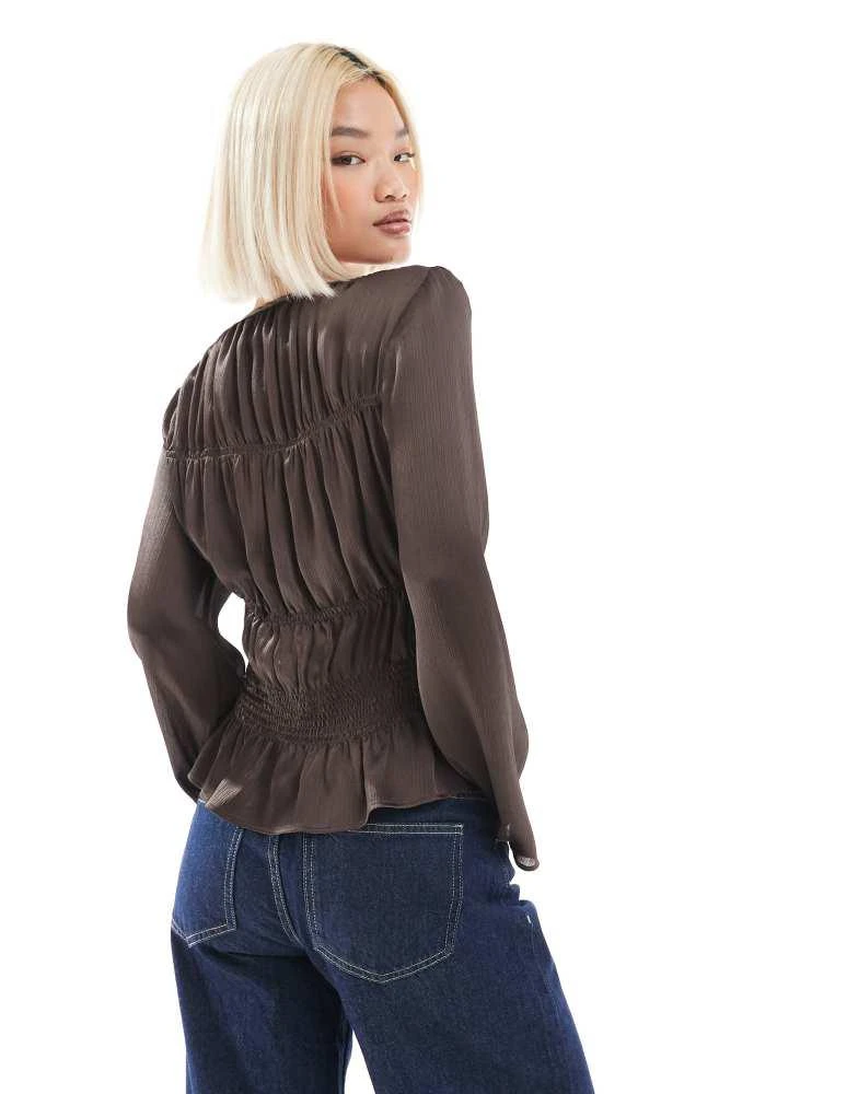 ASOS ASOS DESIGN shirred semi sheer blouse in chocolate 3