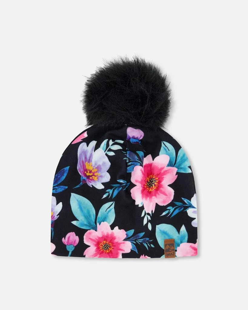 Deux par Deux Stretch Jersey Hat Black Printed Flowers with Pompom