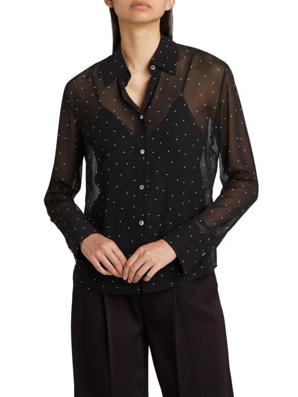 Vince Dot-Print Sheer Silk Long-Sleeve Blouse