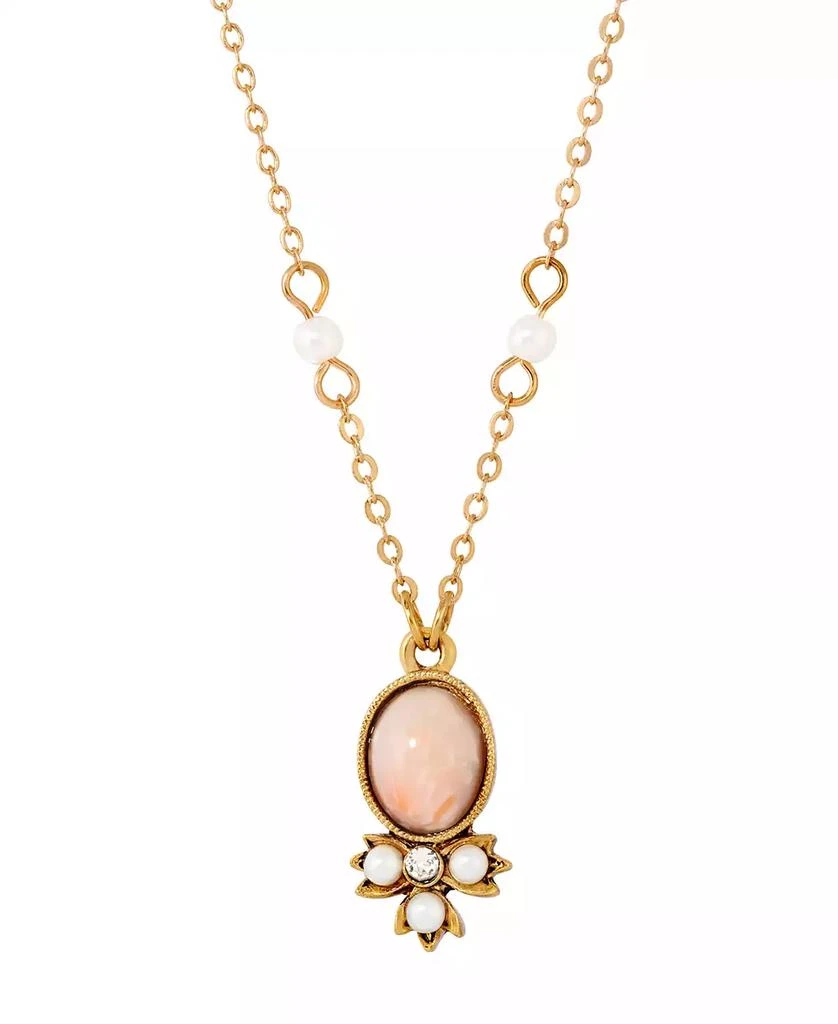 2028 Gold-Tone Peach Color Imitation Pearl and Crystal Drop Necklace 1