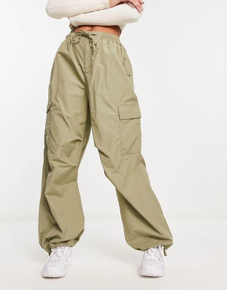 Bershka Bershka tie waist nylon cargo parachute trousers in khaki 4