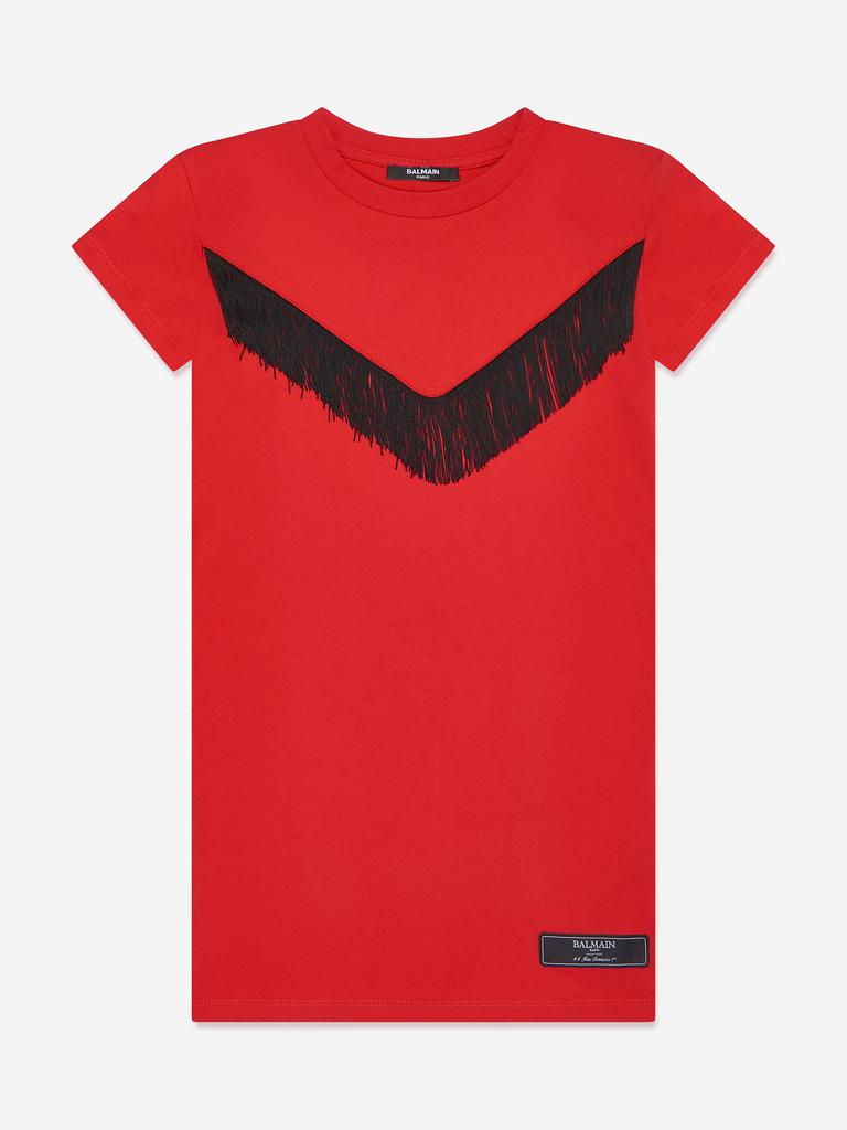 Balmain Balmain Girls Fringed Jersey Dress in Red