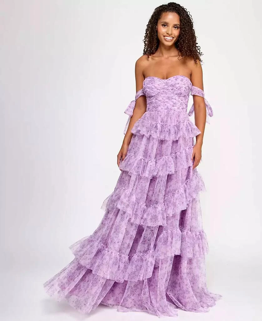 Juniors' Floral-Print Tiered Off-The-Shoulder Ball Gown, Created for Macy's   On Sale Now with Up to 61% Off | Discover Exclusive Deals & Savings at  BeyondStyle  Authentic Say Yes dresses|juniors|women|dress with