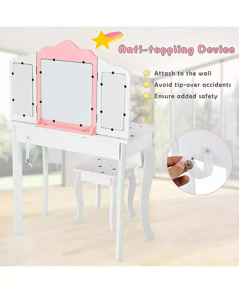 GOUUN Kids Princess Vanity Table and Stool Set with Tri-folding Mirror and Drawer 7