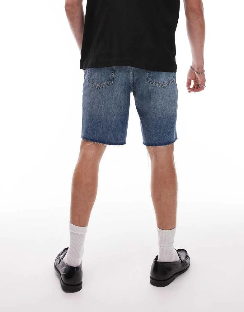 Topman Topman denim straight leg short with raw hem in mid blue wash 4