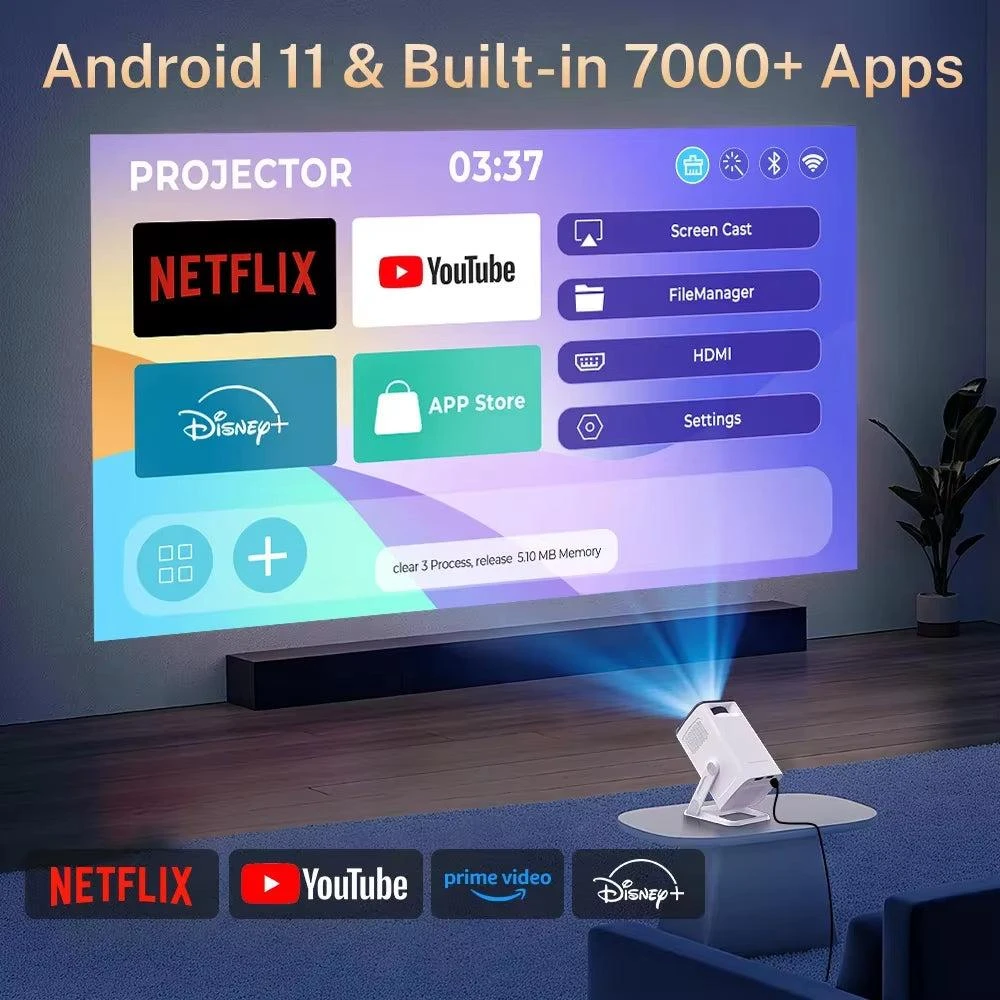 DIGICLAR Mini Projector 1080P/4K Supported, Wifi 6 
Bluetooth 5.4, Android TV Short Throw Portable Beamer for Home Theater Outdoor Movie 2